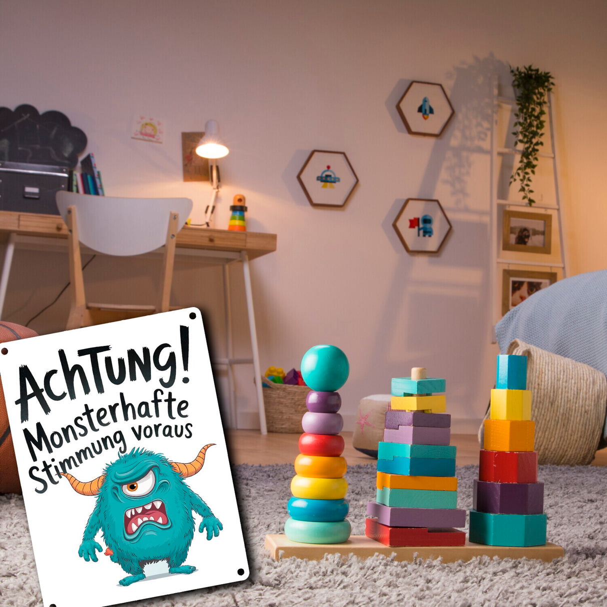 Blaues Cartoon Monster Achtung Monsterstimmung Metallschild in 15x20 cm