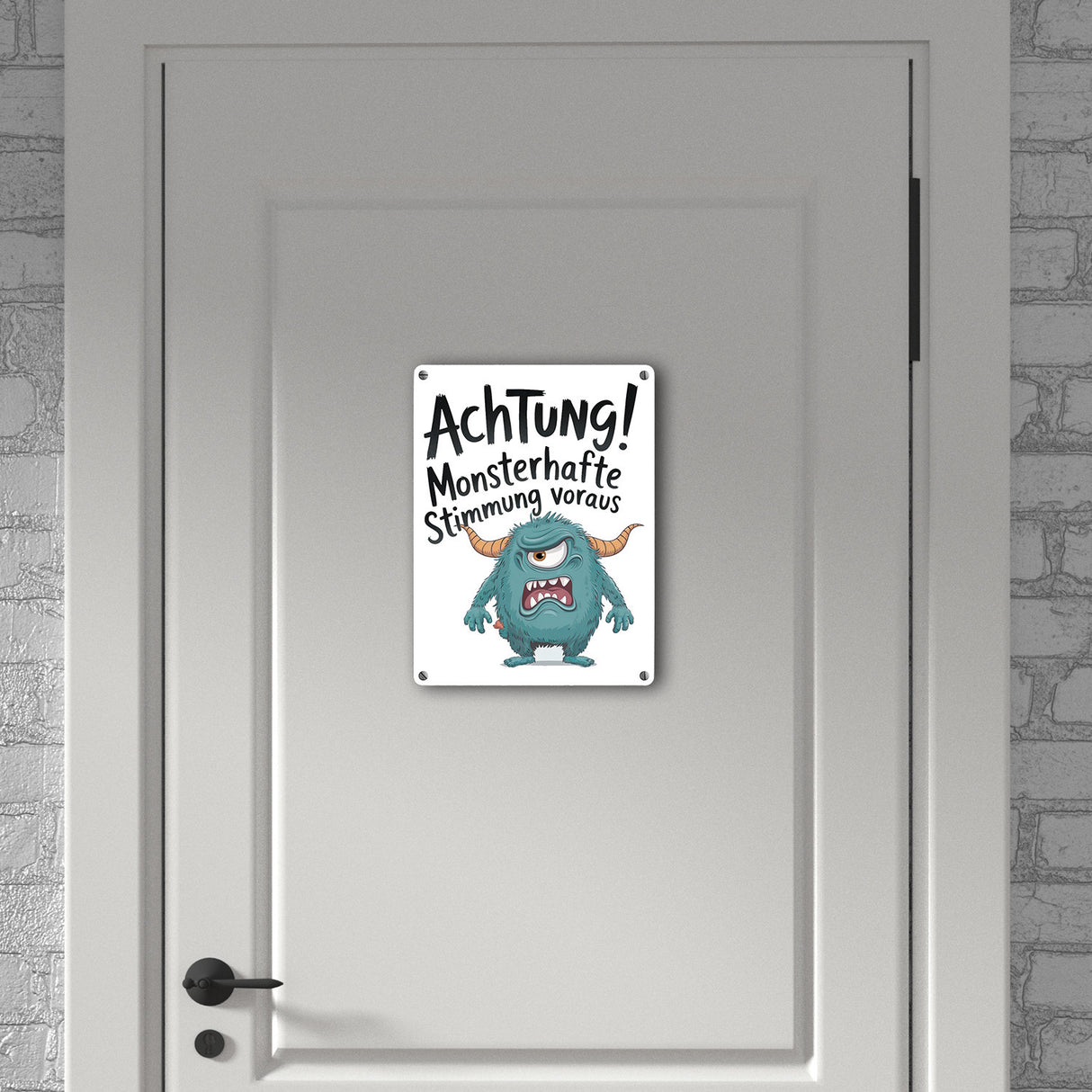 Blaues Cartoon Monster Achtung Monsterstimmung Metallschild in 15x20 cm