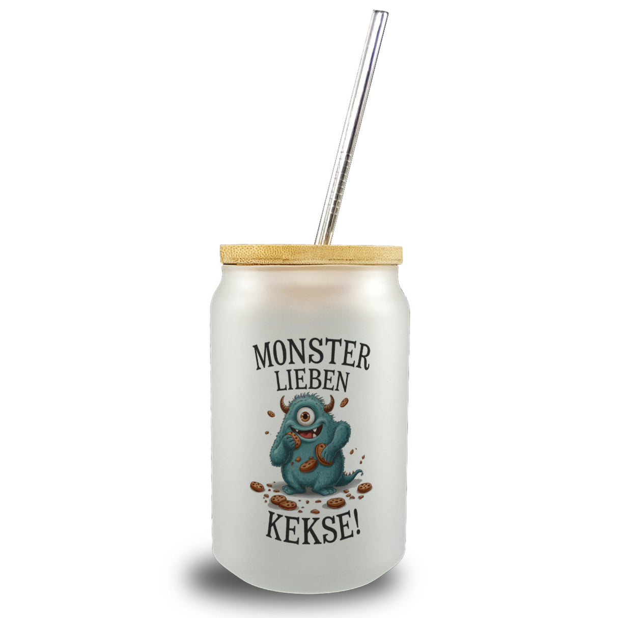 Blaues Monster mit Keks Trinkglas mit Bambusdeckel Monster lieben Kekse