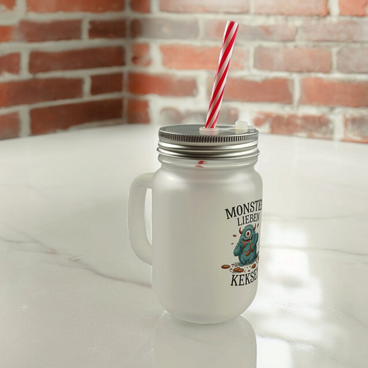 Blaues Monster mit Keks Trinkglas mit Bambusdeckel Monster lieben Kekse
