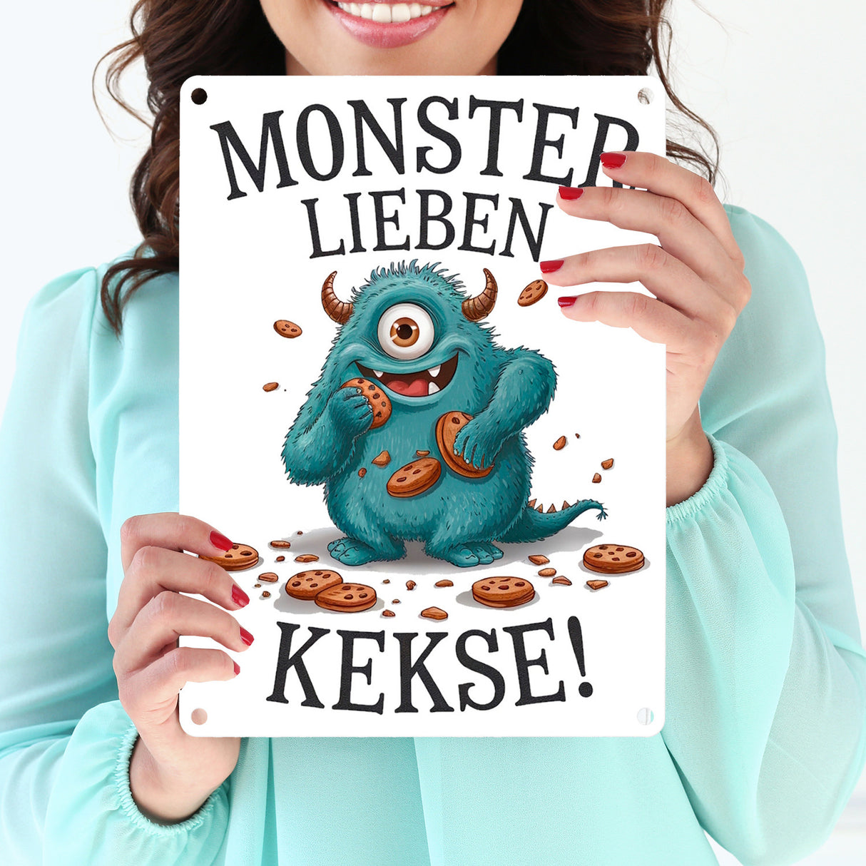 Blaues Monster mit Keks Metallschild in 15x20 cm Monster lieben Kekse