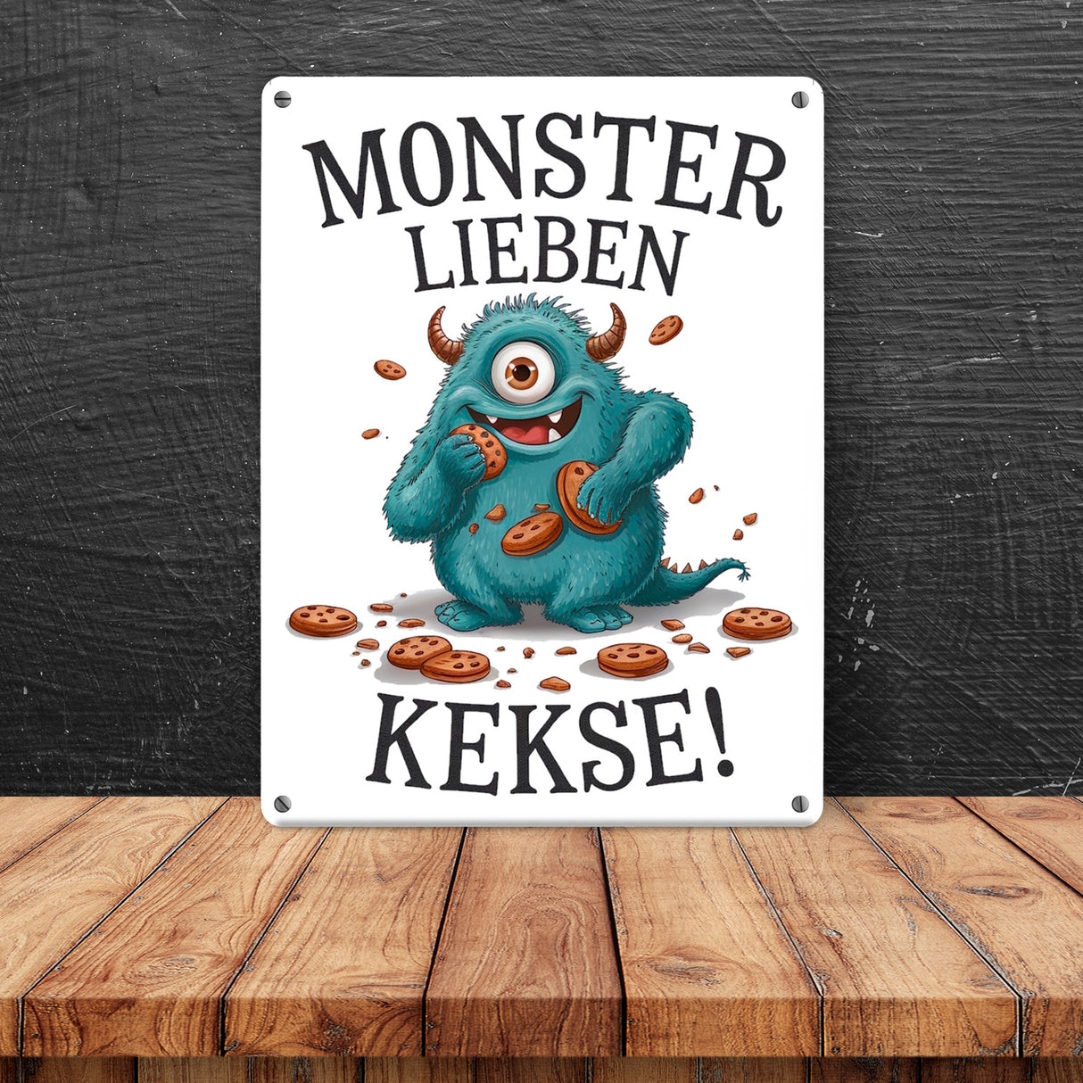Blaues Monster mit Keks Metallschild in 15x20 cm Monster lieben Kekse