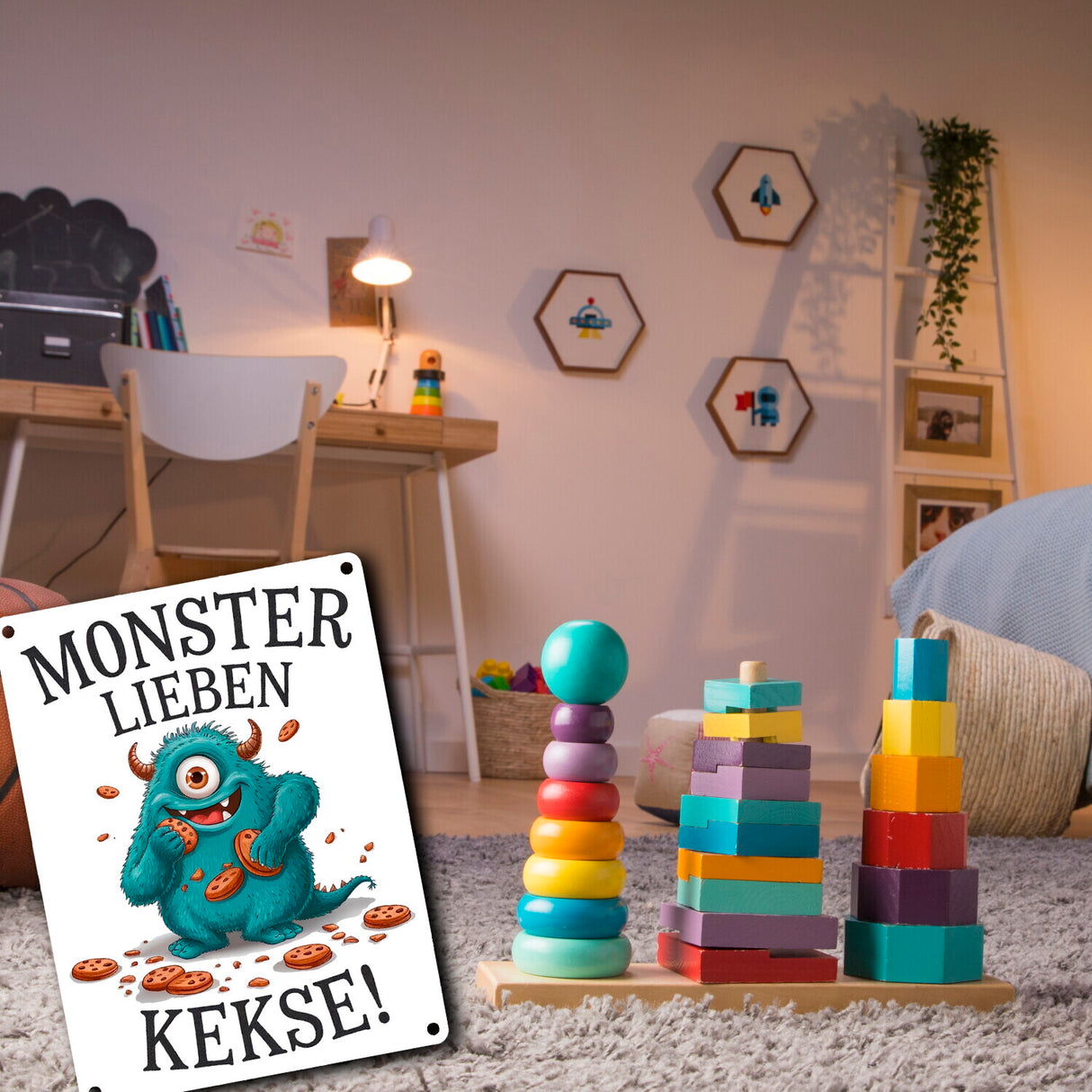 Blaues Monster mit Keks Metallschild in 15x20 cm Monster lieben Kekse