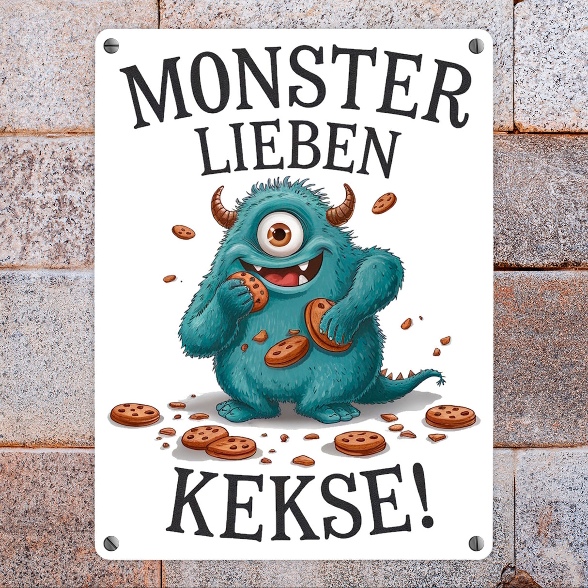 Blaues Monster mit Keks Metallschild in 15x20 cm Monster lieben Kekse