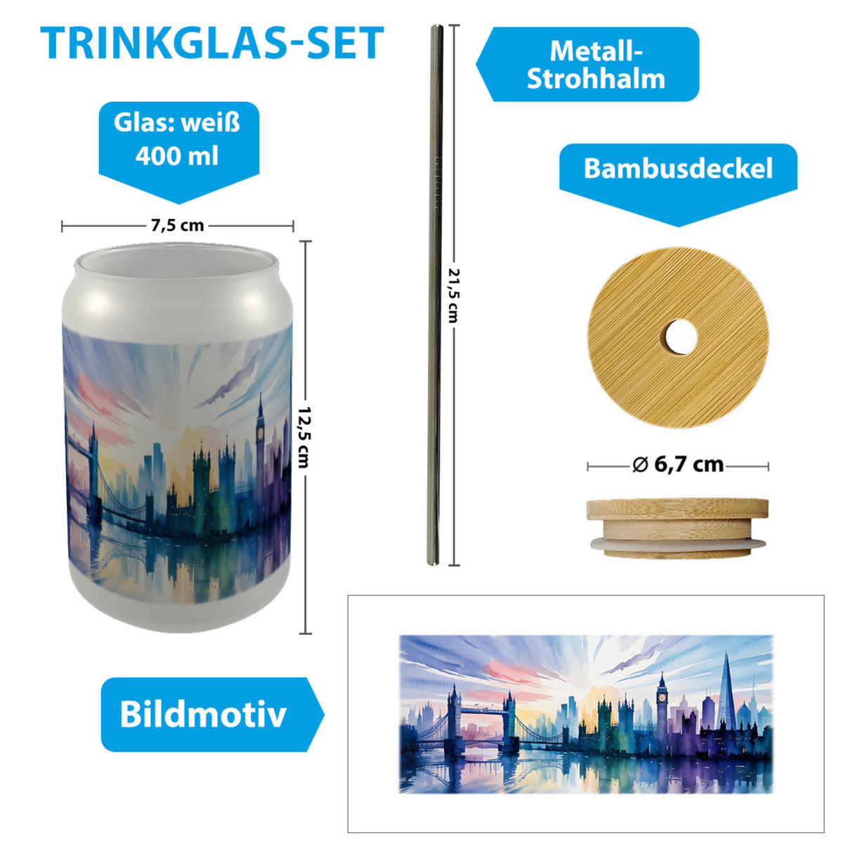 Londoner Skyline Aquarell Trinkglas mit Bambusdeckel