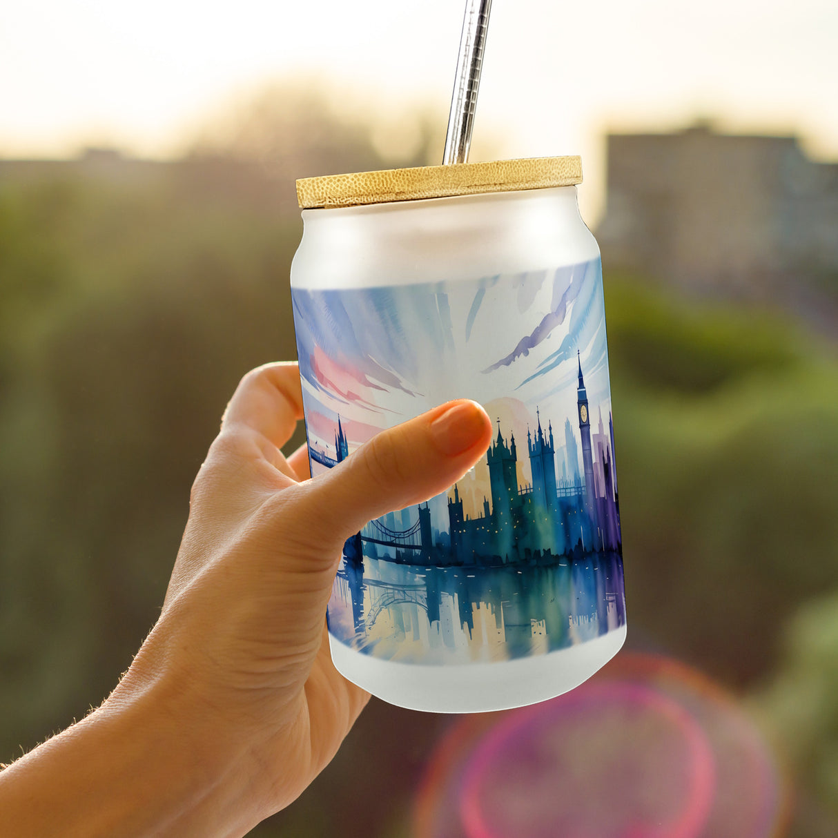 Londoner Skyline Aquarell Trinkglas mit Bambusdeckel