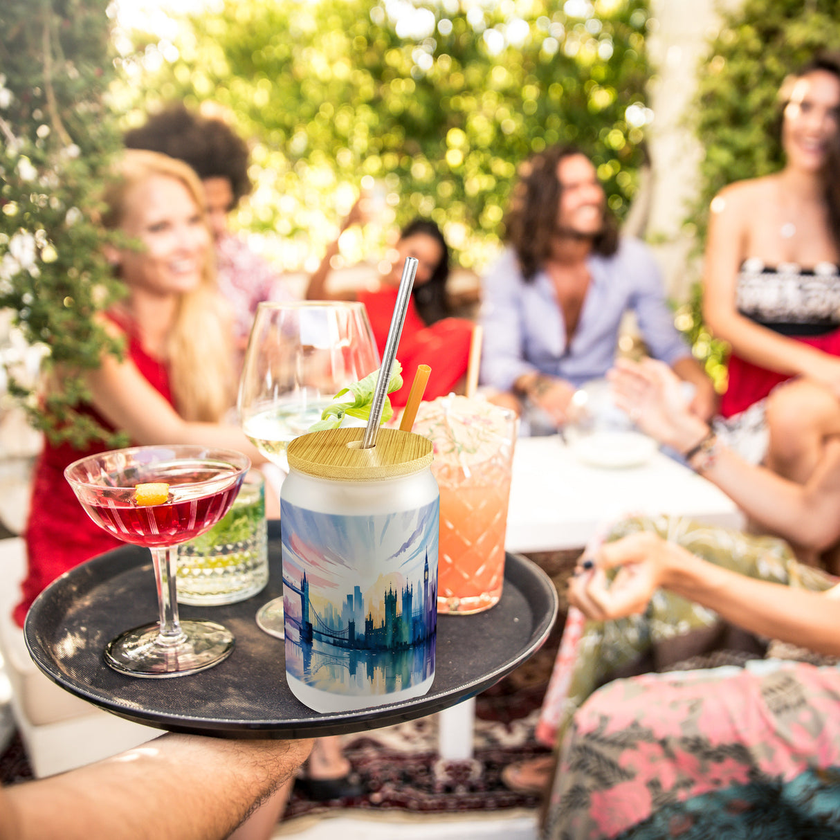 Londoner Skyline Aquarell Trinkglas mit Bambusdeckel