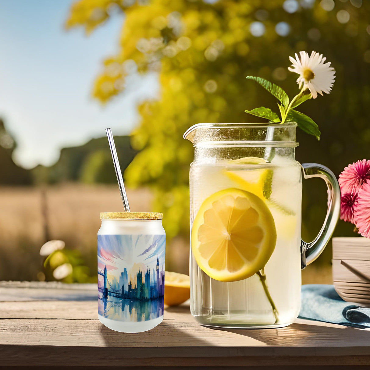 Londoner Skyline Aquarell Trinkglas mit Bambusdeckel