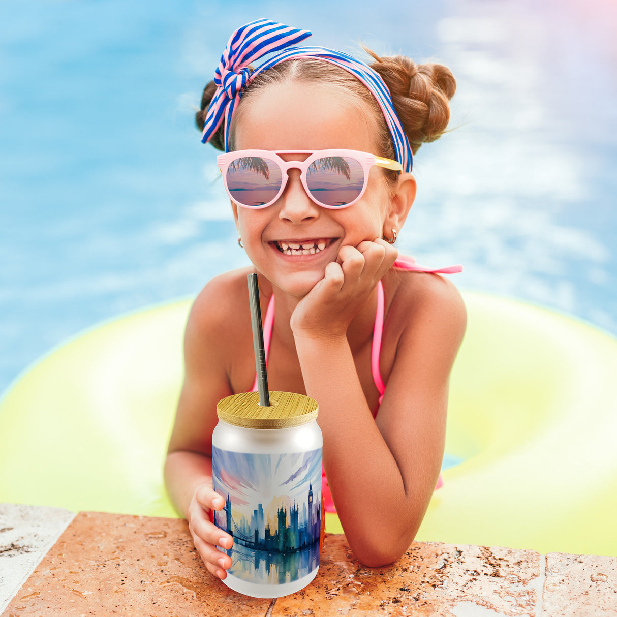 Londoner Skyline Aquarell Trinkglas mit Bambusdeckel