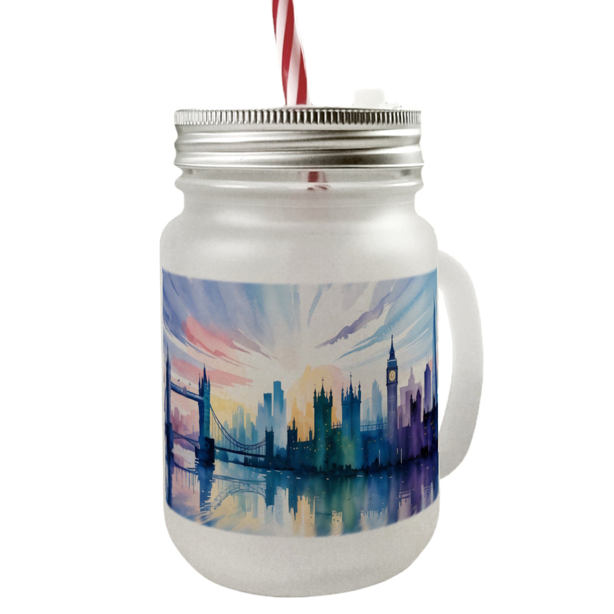 Londoner Skyline Aquarell Trinkglas mit Bambusdeckel