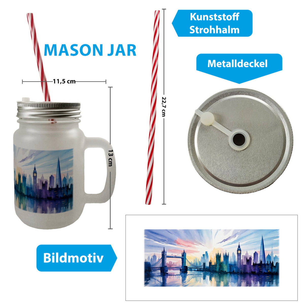 Londoner Skyline Aquarell Trinkglas mit Bambusdeckel