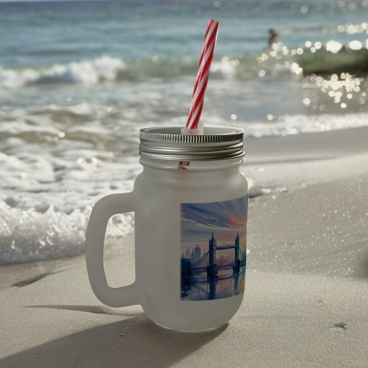 Londoner Skyline Aquarell Trinkglas mit Bambusdeckel
