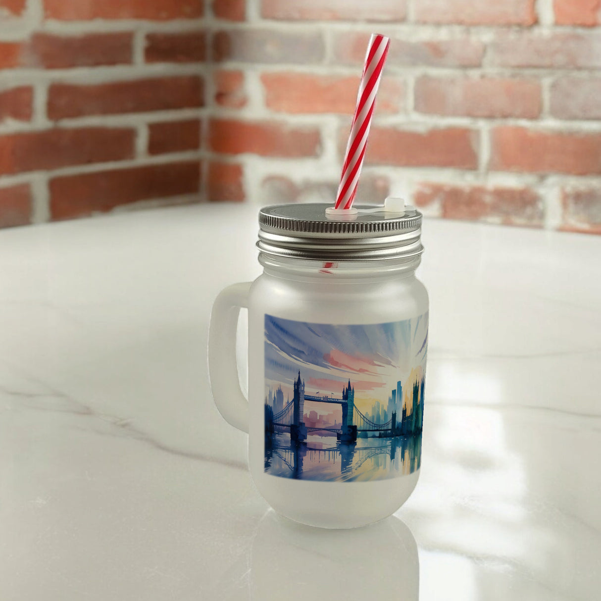 Londoner Skyline Aquarell Trinkglas mit Bambusdeckel