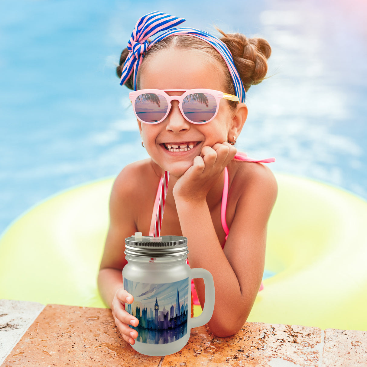 Londoner Skyline Aquarell Trinkglas mit Bambusdeckel