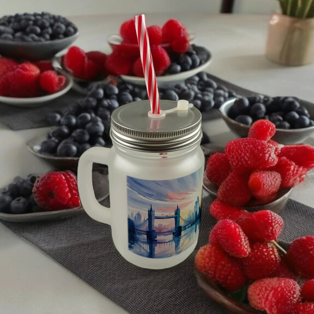 Londoner Skyline Aquarell Trinkglas mit Bambusdeckel