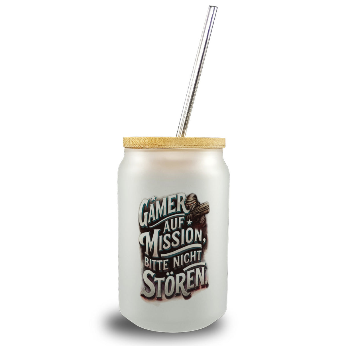 Gamer auf Mission Trinkglas mit Bambusdeckel Bitte nicht stören