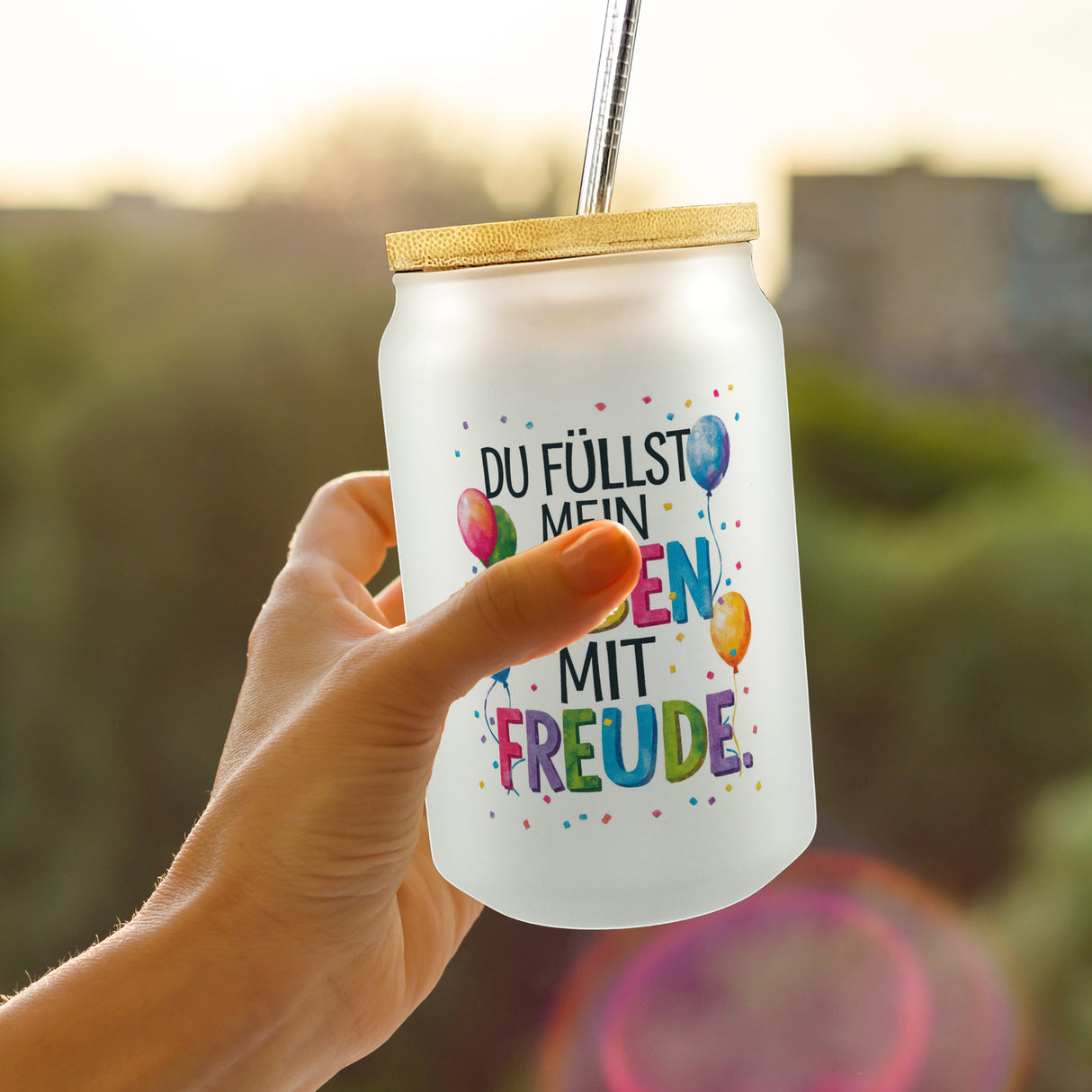 Du füllst mein Leben mit Freude Trinkglas mit Bambusdeckel Fröhliches Geburtstagsgrußdesign