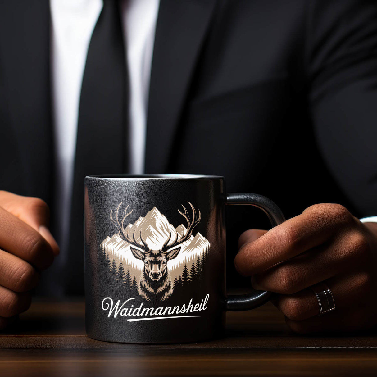 Hirsch vor Bergkulisse Waidmannsheil Tasse für Jäger