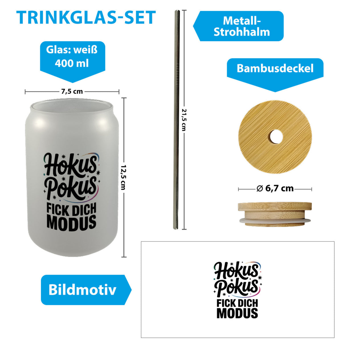 Hokus Pokus Trinkglas mit Bambusdeckel mit frechem Spruch