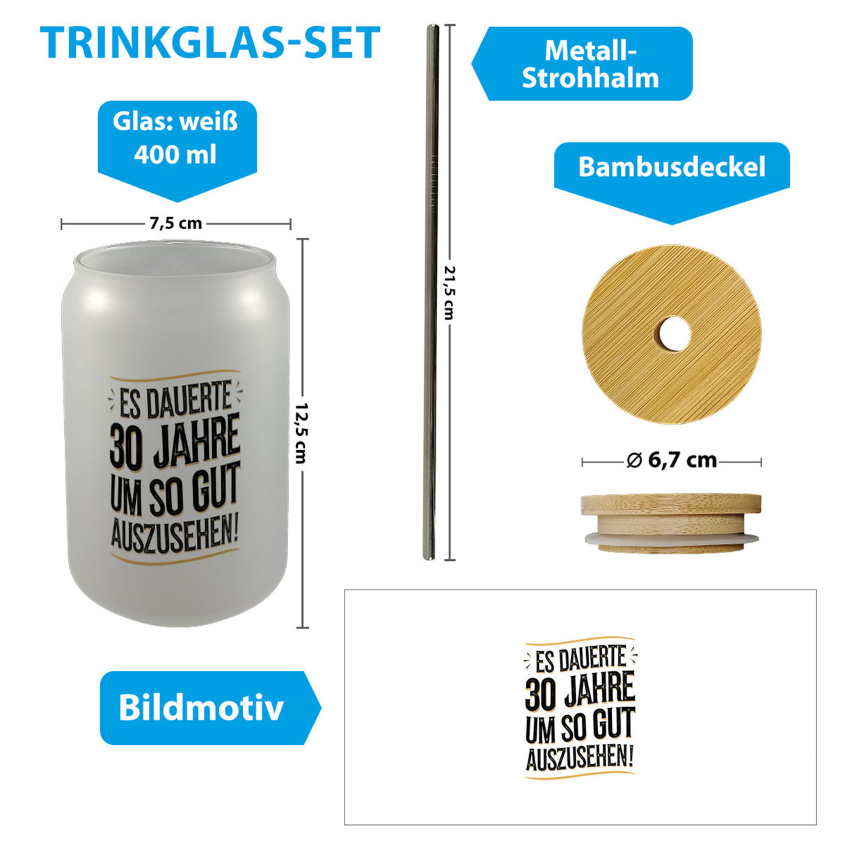 Es dauerte 30 Jahre Retro Trinkglas mit Bambusdeckel mit Spruch