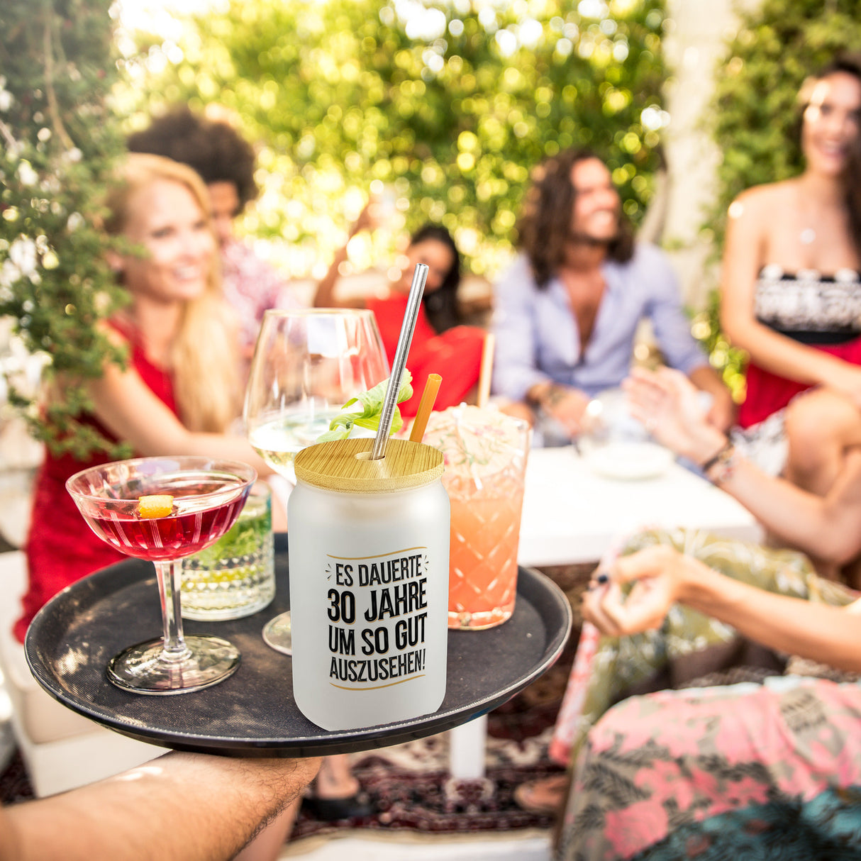 Es dauerte 30 Jahre Retro Trinkglas mit Bambusdeckel mit Spruch