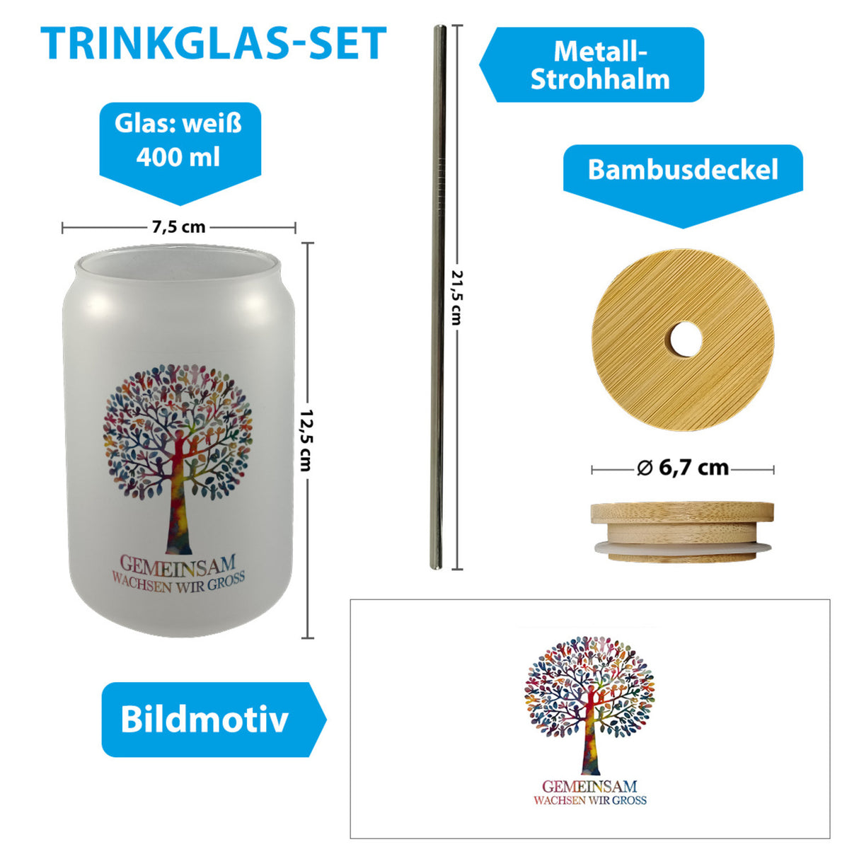 Gemeinsam wachsen, Baum aus Kindern Trinkglas mit Bambusdeckel