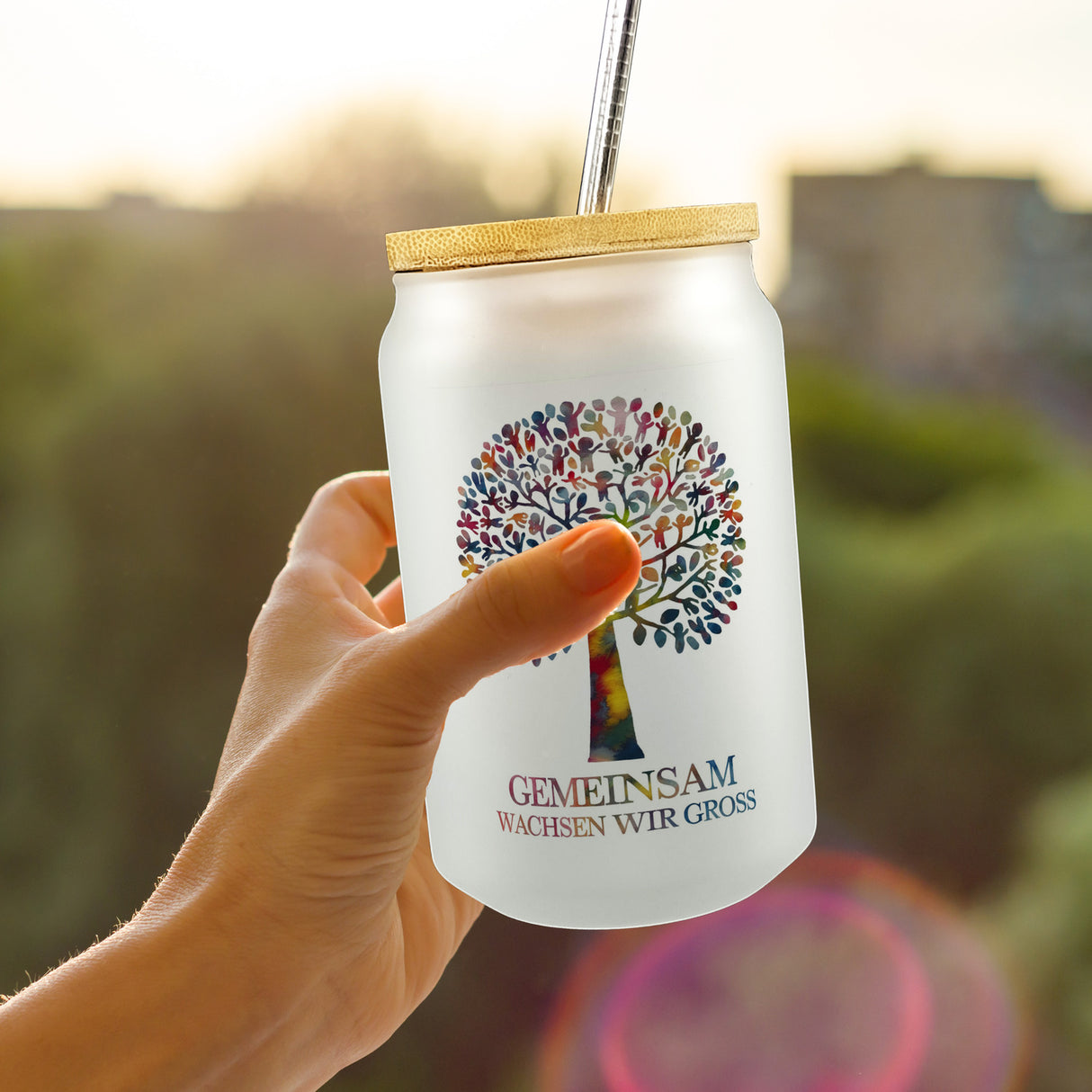 Gemeinsam wachsen, Baum aus Kindern Trinkglas mit Bambusdeckel
