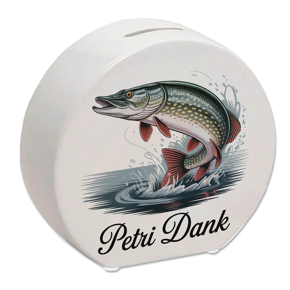 Petri Dank Spardose mit prächtigem Hecht für Angler