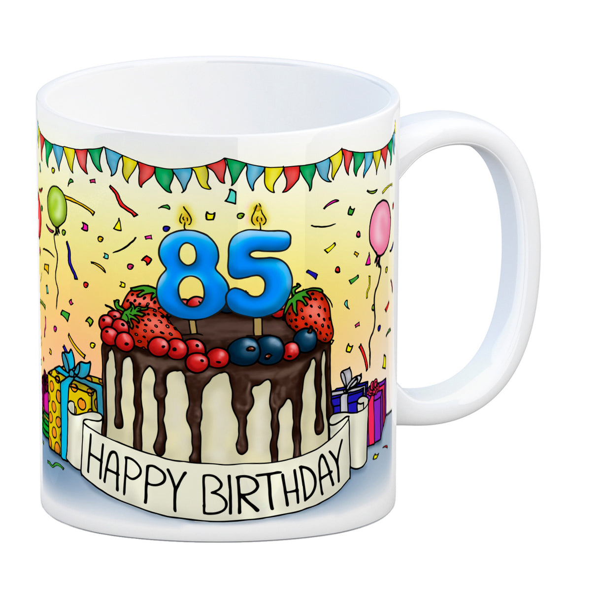 85. Geburtstag Tasse mit Kuchen und Geschenk und Anhänger: zum 31046. Tag