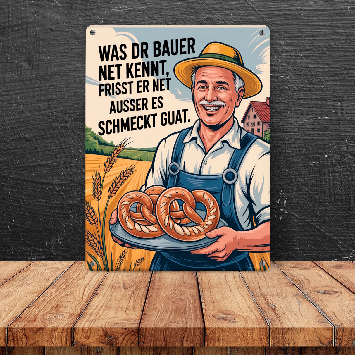 Fröhlicher Bauer Spruch Metallschild in 15x20 cm mit Brezeln