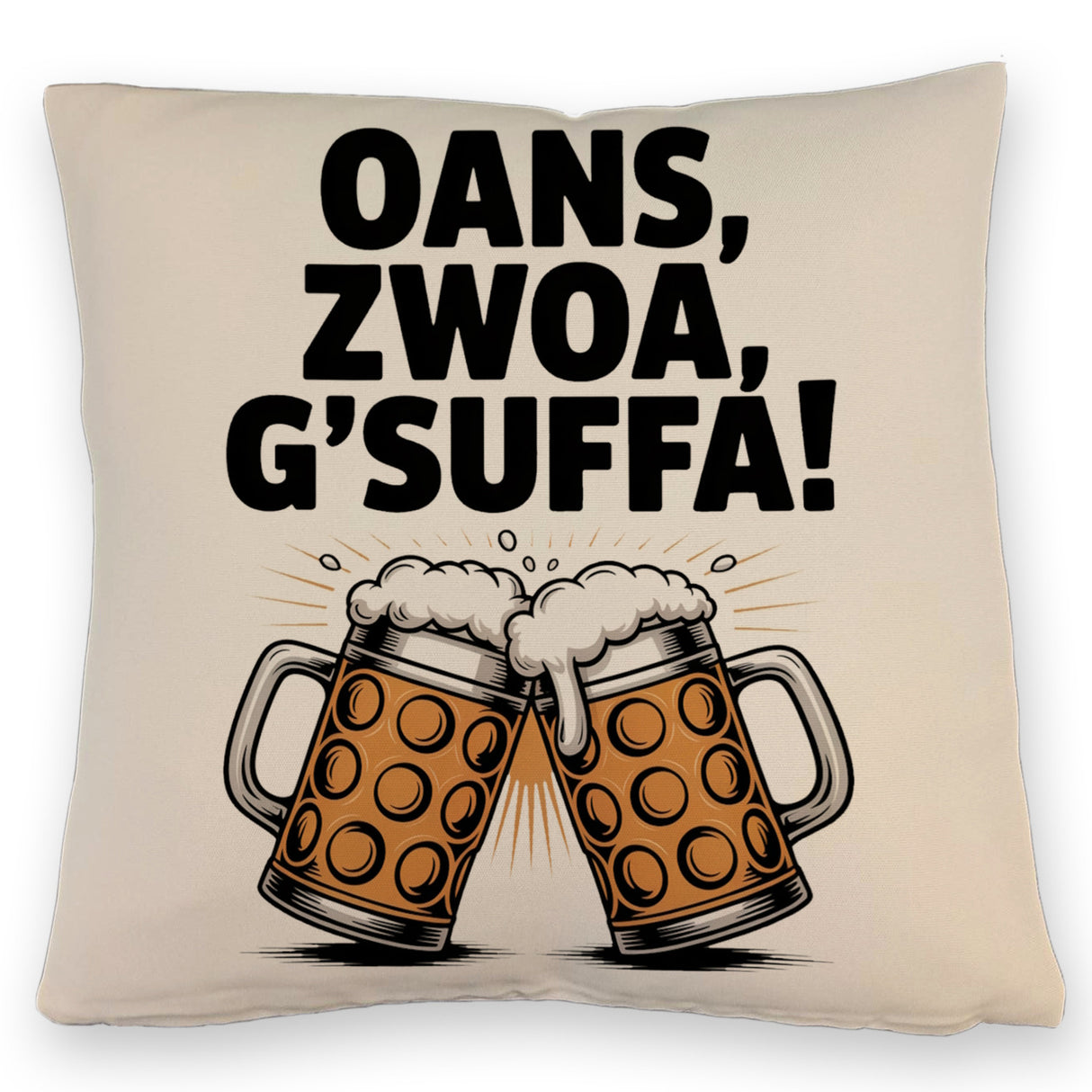 Zwei Bierkrüge Oans, zwoa, g’suffa Kissen