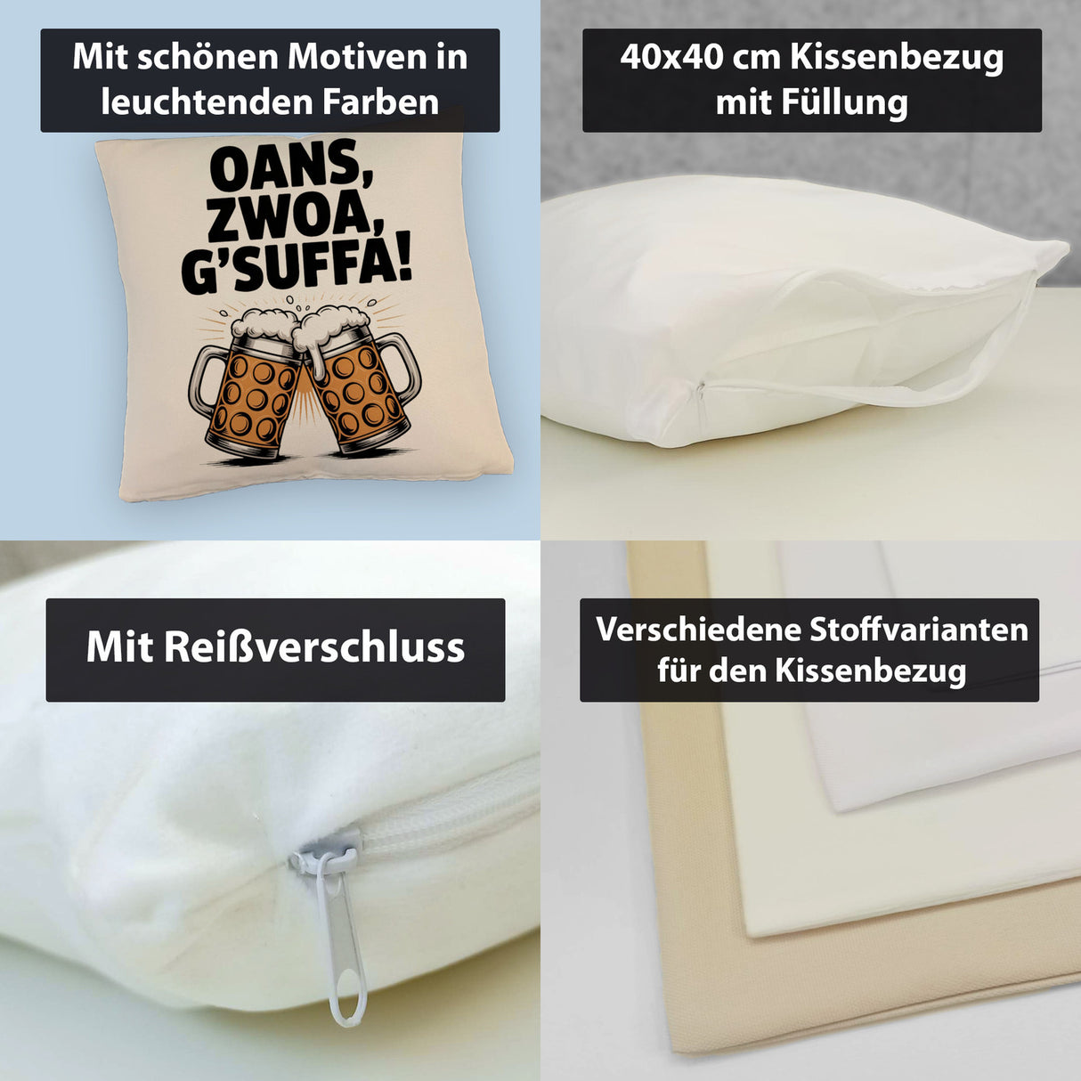 Zwei Bierkrüge Oans, zwoa, g’suffa Kissen