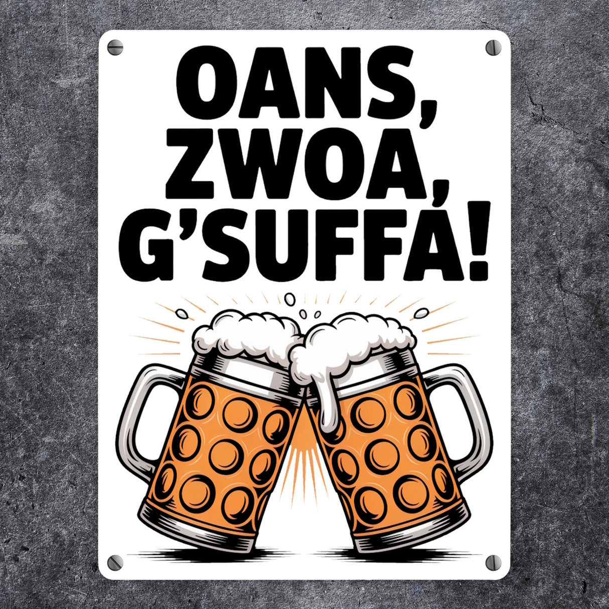 Zwei Bierkrüge Oans, zwoa, g’suffa Metallschild in 15x20 cm