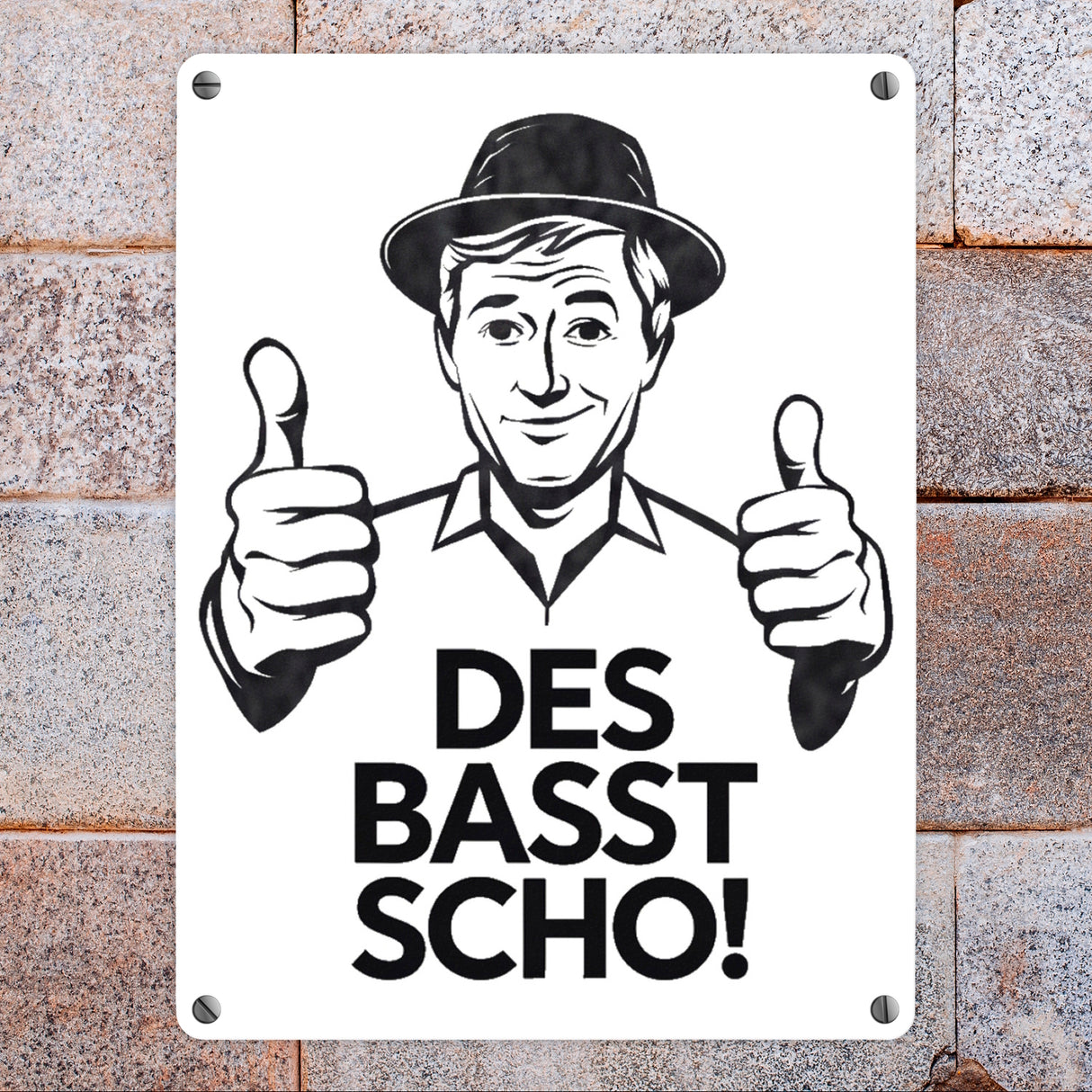 Mann mit Daumen hoch Des basst scho Metallschild in 15x20 cm