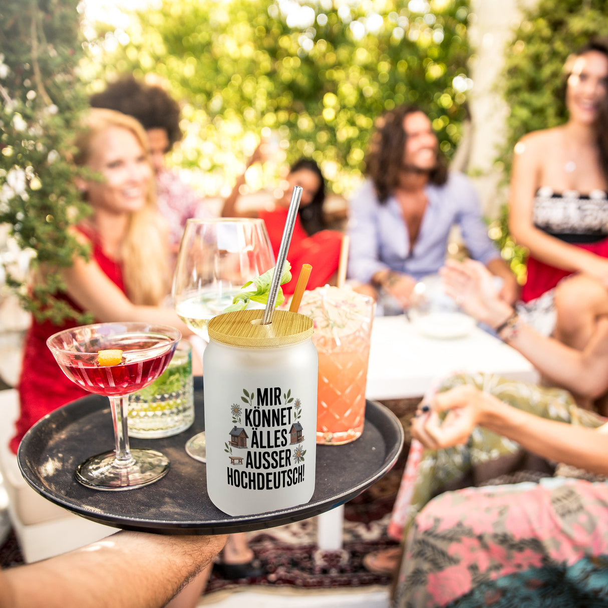 Mir könnet älles außer Hochdeutsch Trinkglas mit Bambusdeckel Schwäbisch