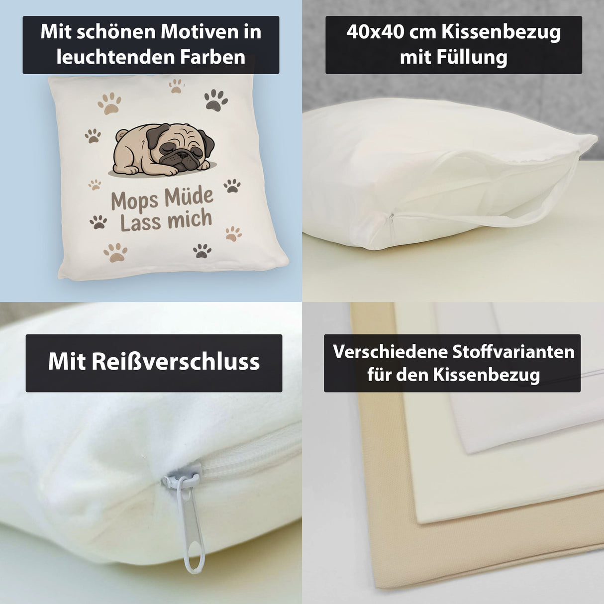 Cartoon Mops Kissen - Mops müde. Lass mich.