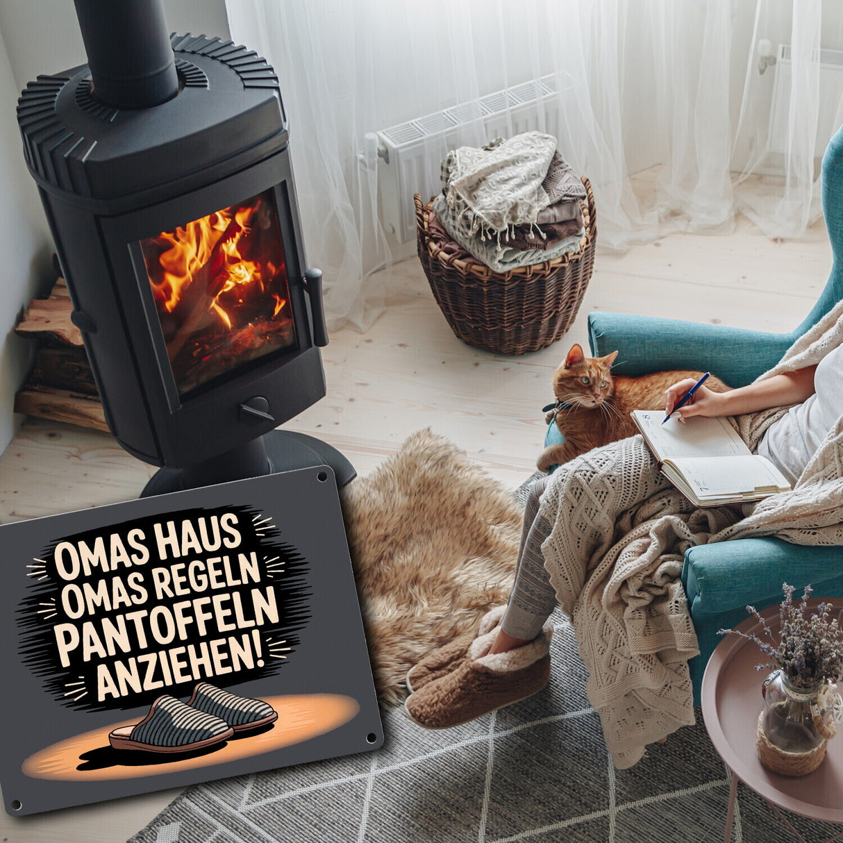 Omas Haus, Omas Regeln Pantoffeln anziehen im Vintage-Stil Metallschild in 15x20 cm
