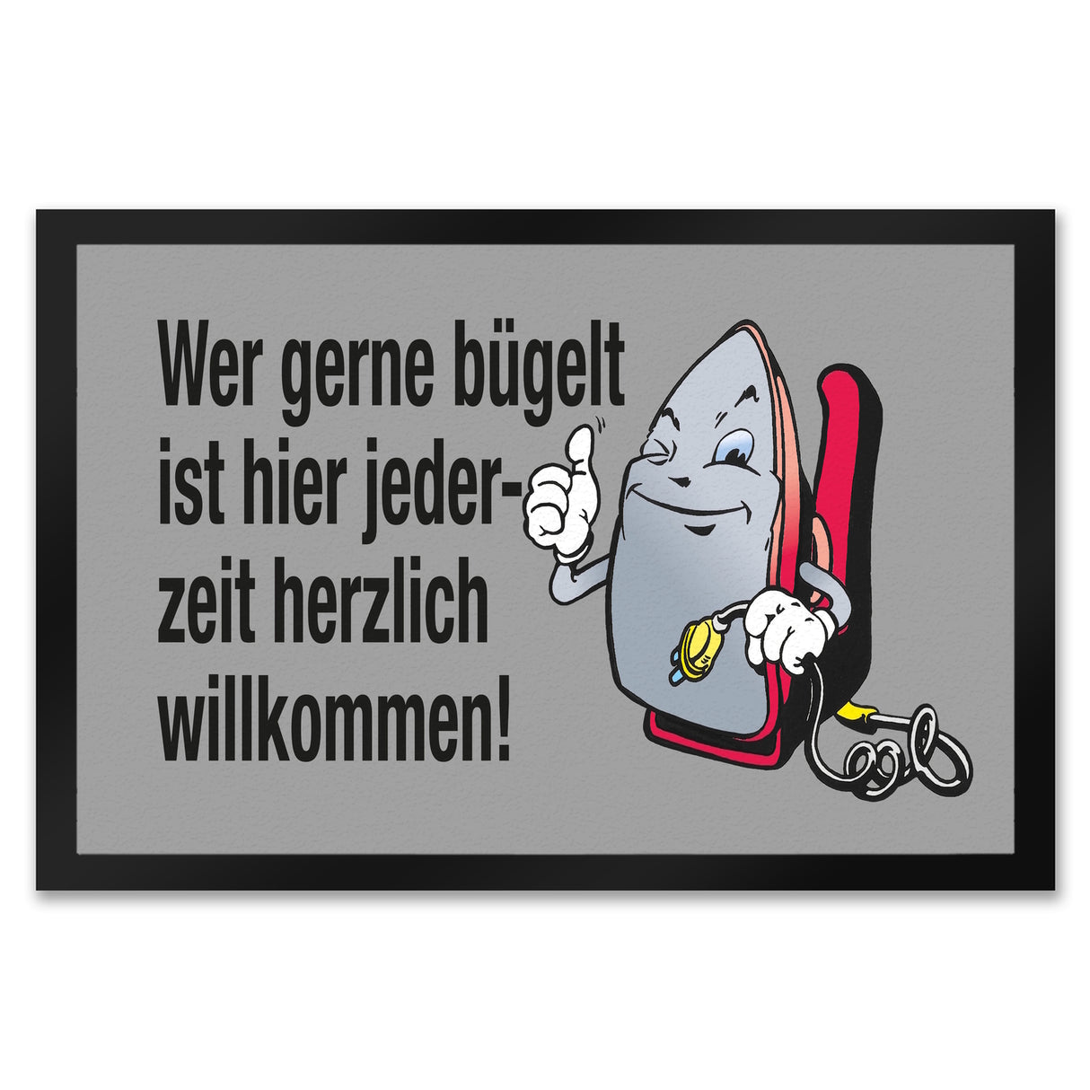 Lächelndes Bügeleisen Fußmatte in 35x50 cm mit Spruch: Freunde des Bügelns willkommen!