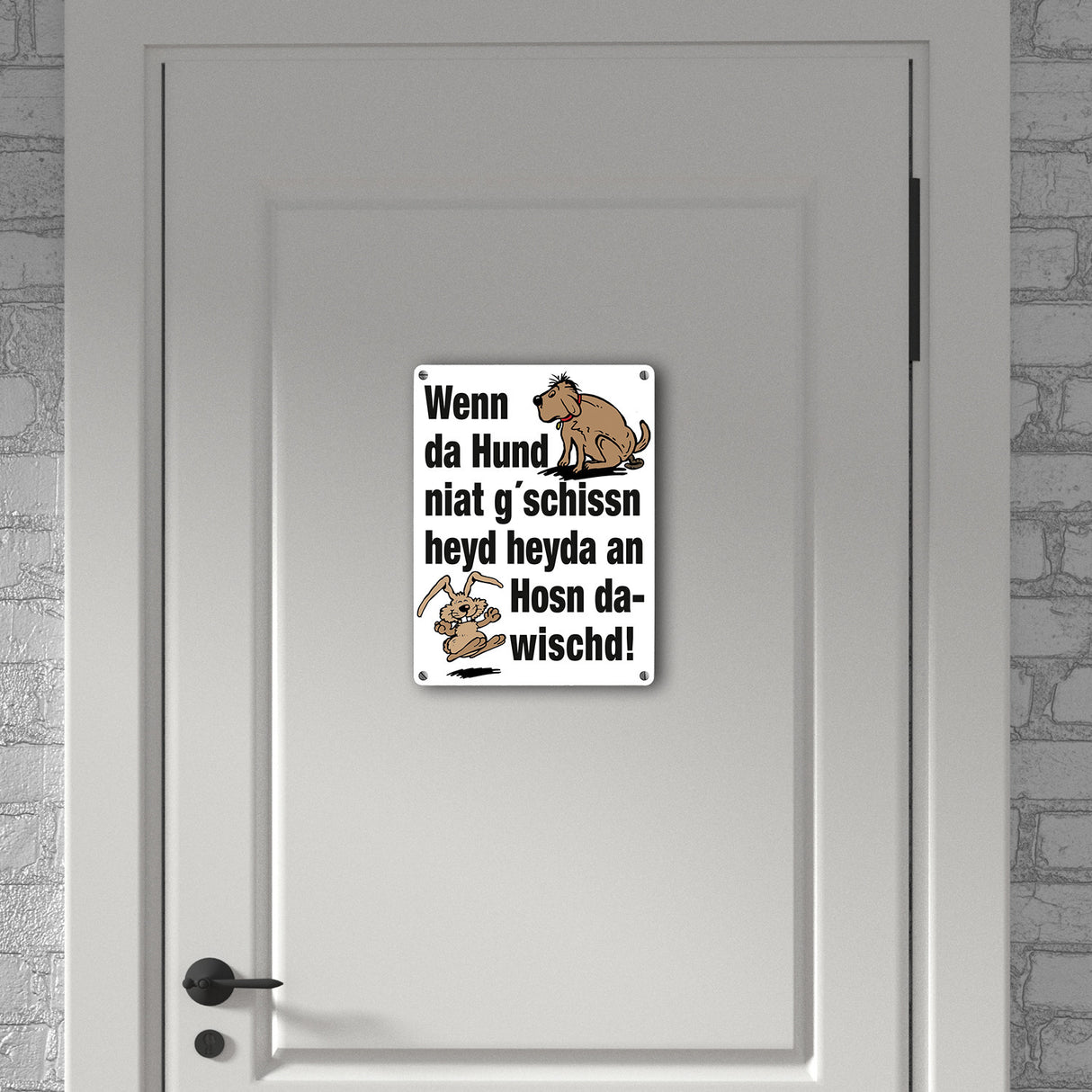 Hund und Hase Metallschild in 15x20 cm mit Spruch Hund gschissn, Hosn dawischd nicht!