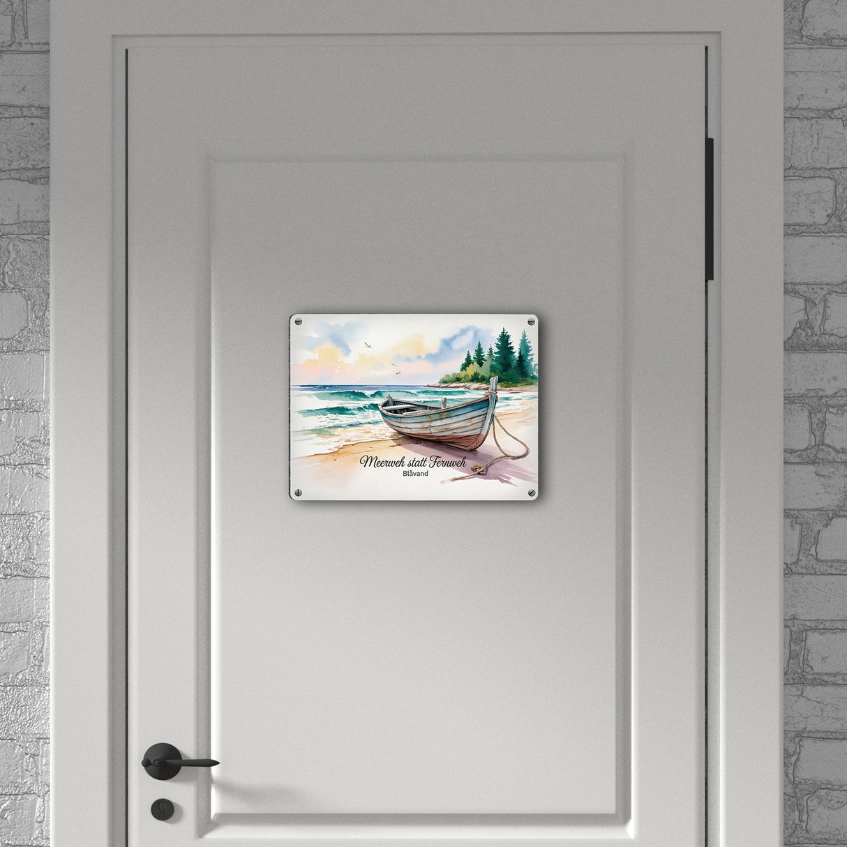 Meerweh statt Fernweh Blåvand Metallschild in 15x20 cm mit Holzboot