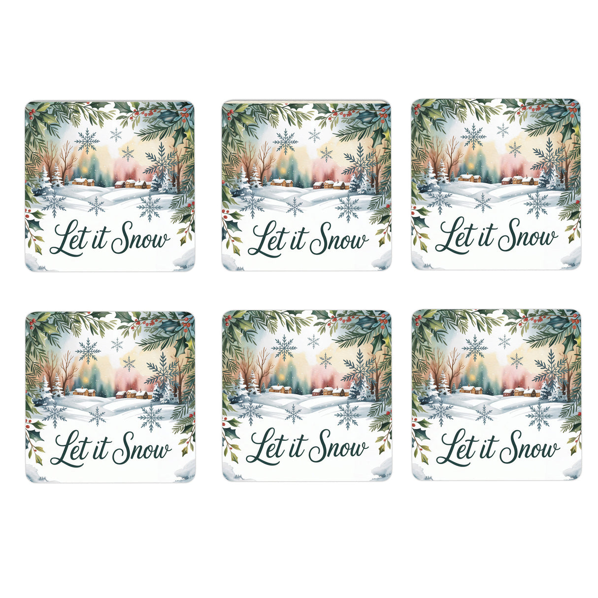 Weihnachten Schneeflocke 6er Set Untersetzer aus Holz - Let it snow