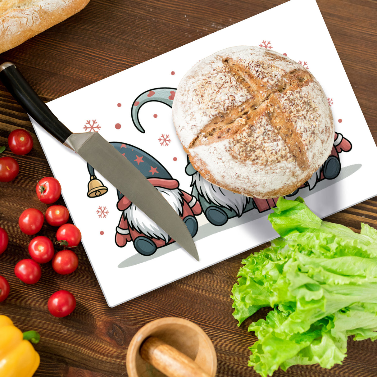 Weihnachtswichtel mit Geschenk Schneidebrett aus Glas Weihnachten