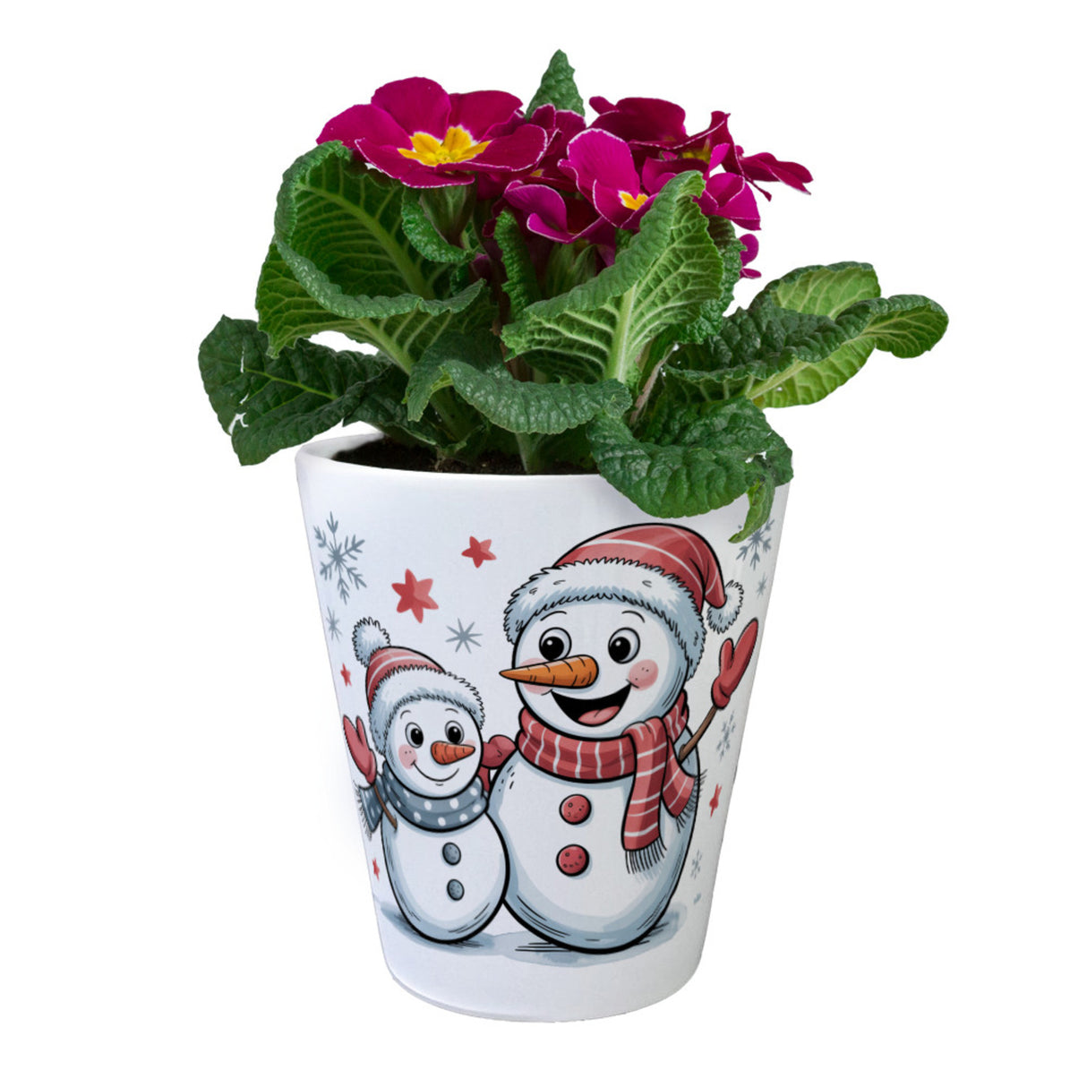 Cartoon Schneemänner Schneeflocken Blumentopf