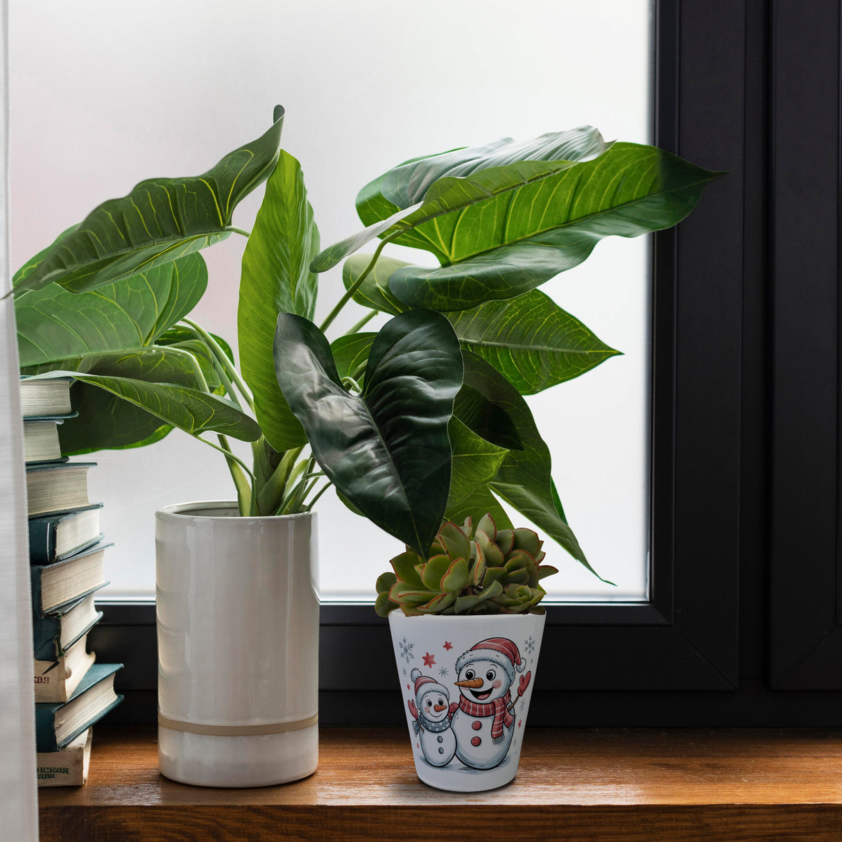 Cartoon Schneemänner Schneeflocken Blumentopf