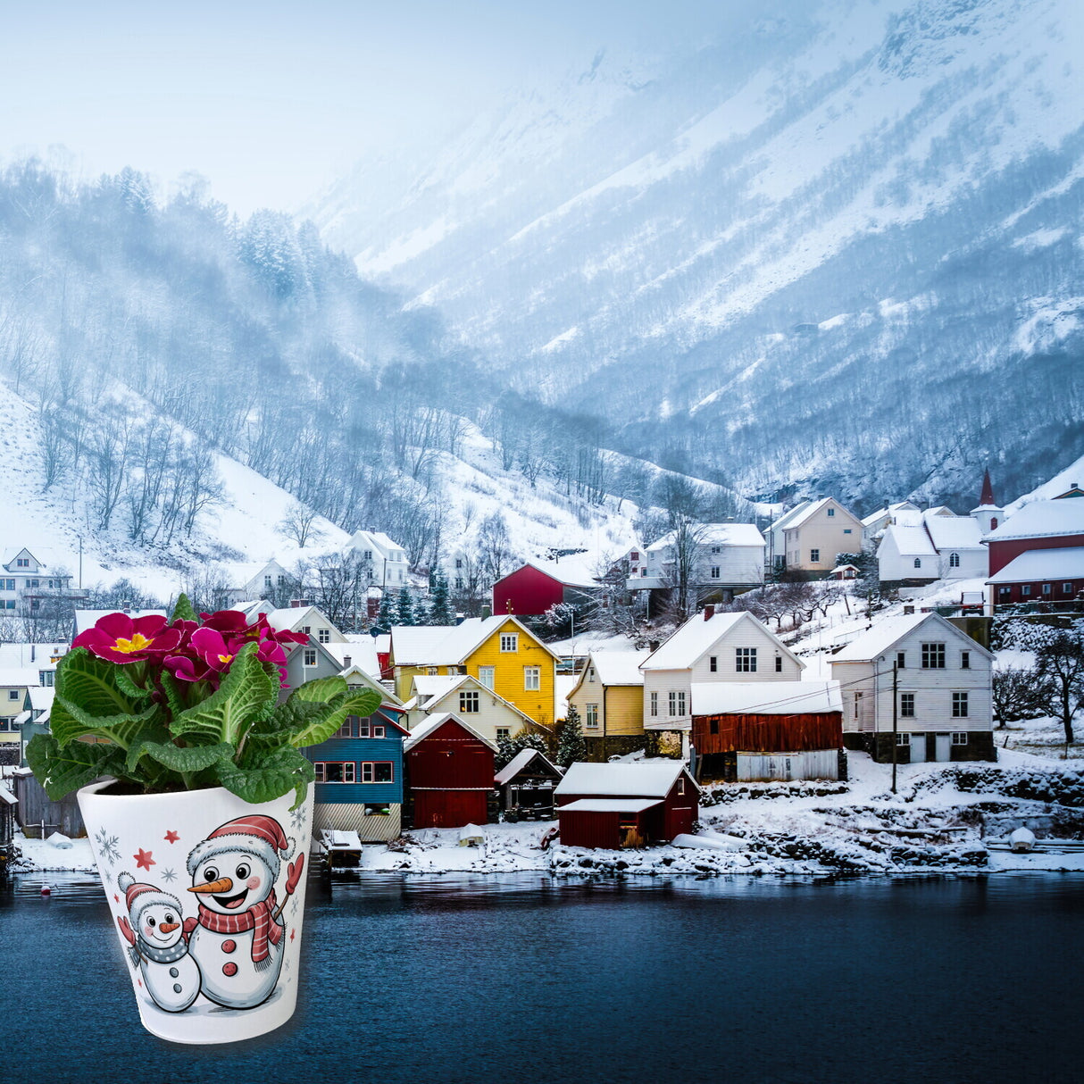 Cartoon Schneemänner Schneeflocken Blumentopf