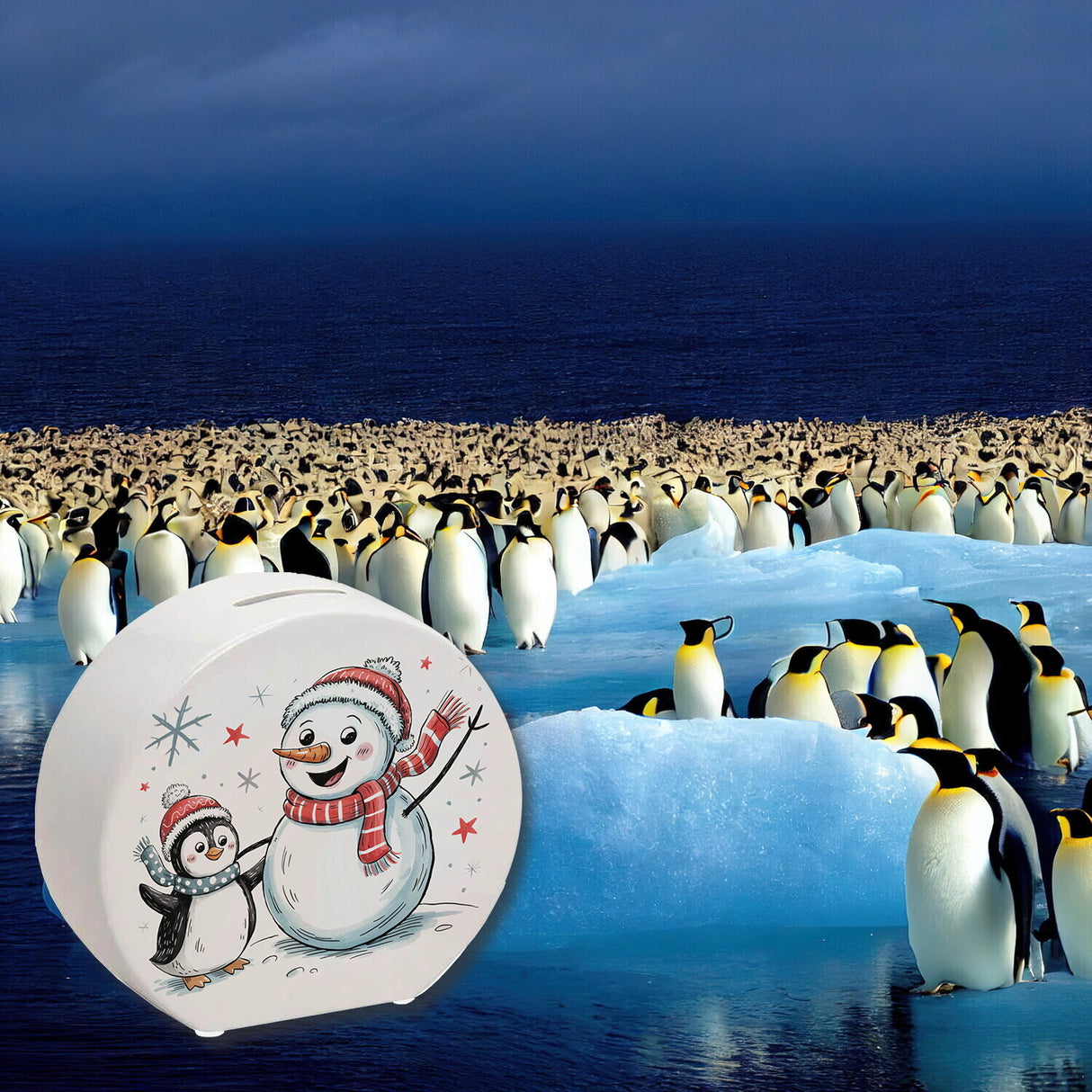 Schneemann und Pinguin mit Schneeflocken Spardose für Winterliebhaber