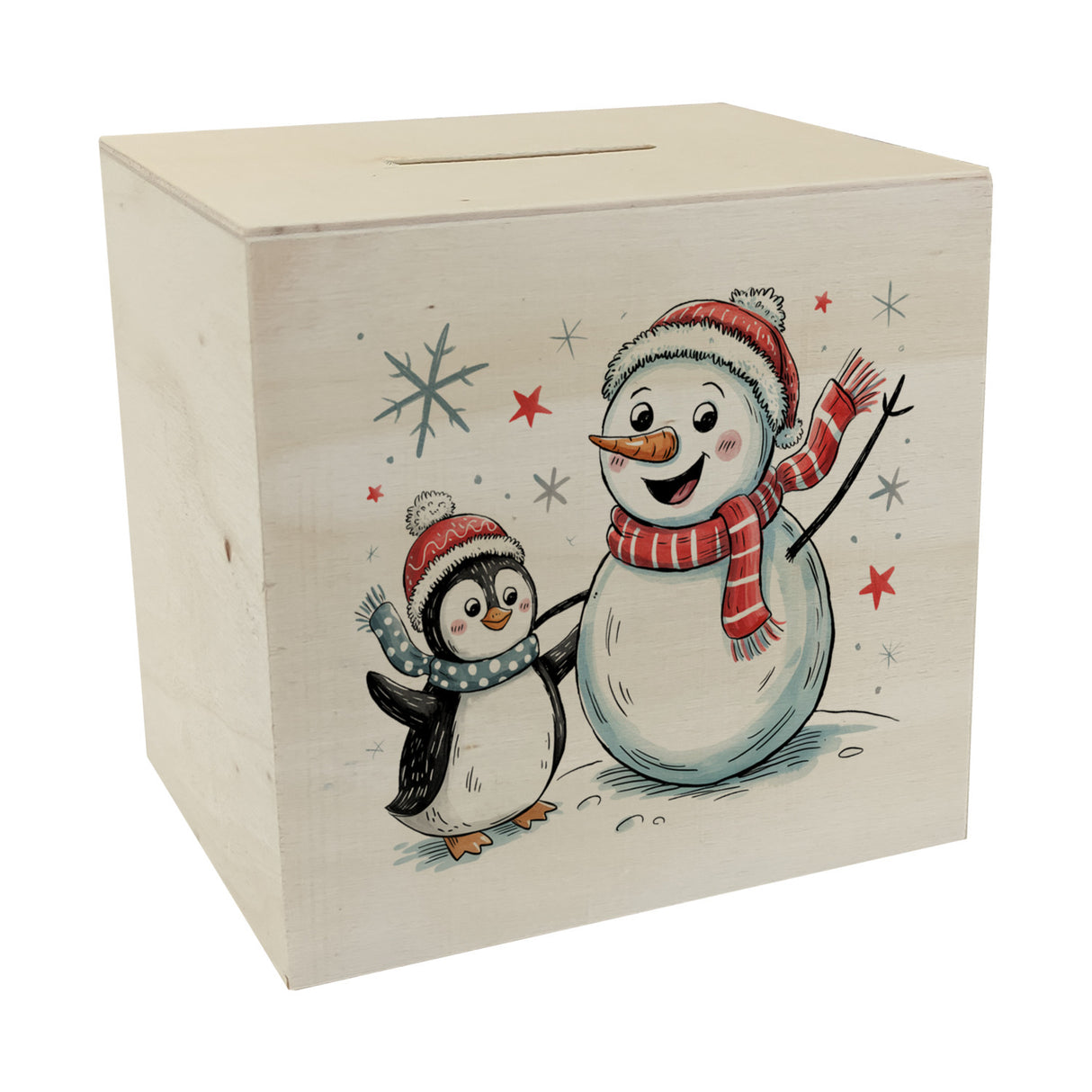 Schneemann und Pinguin mit Schneeflocken Spardose für Winterliebhaber