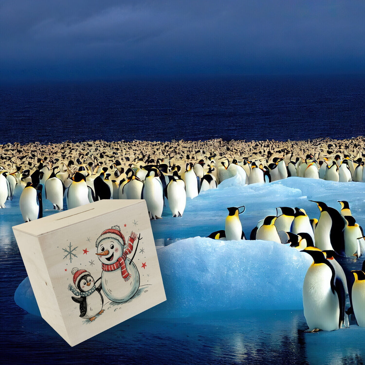 Schneemann und Pinguin mit Schneeflocken Spardose für Winterliebhaber