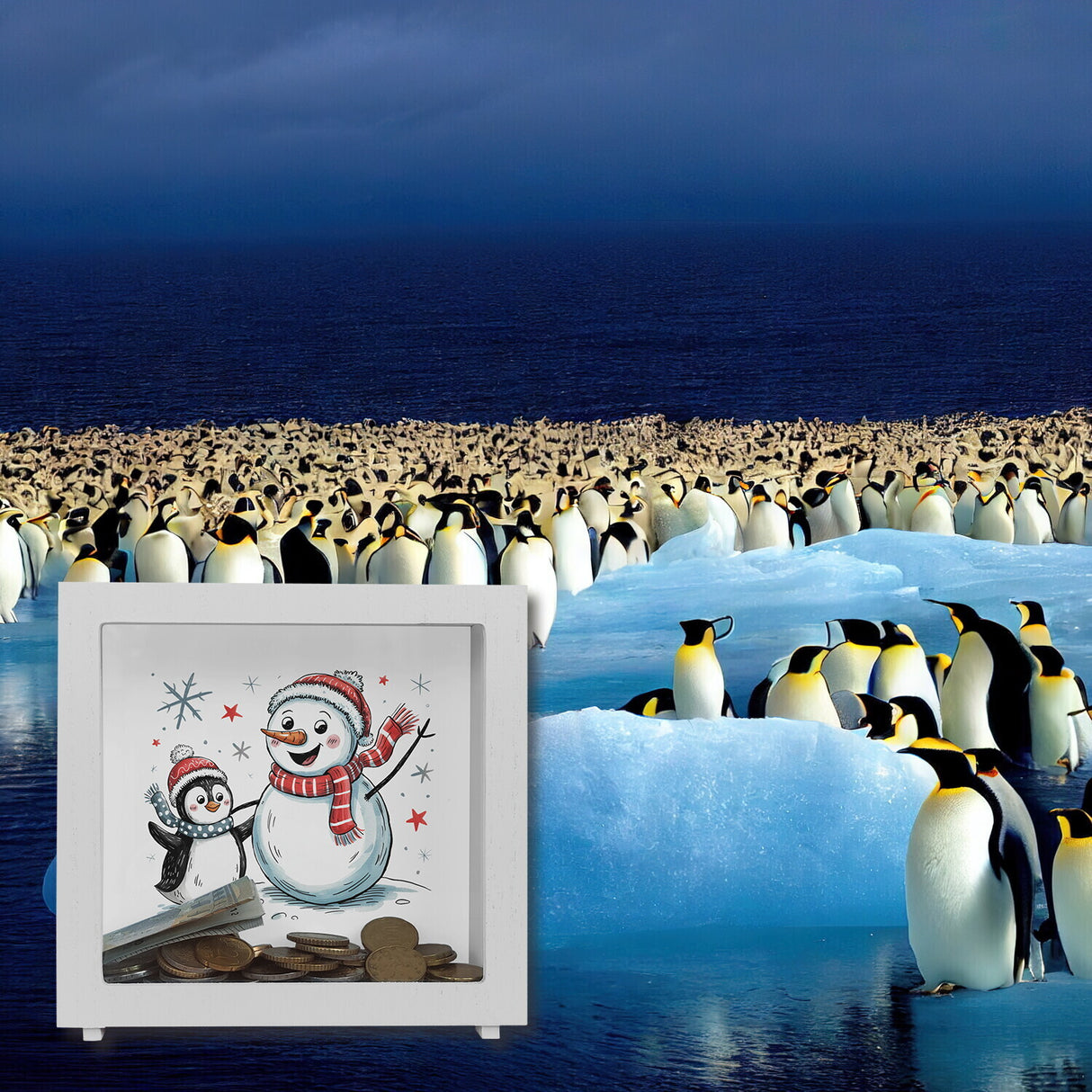 Schneemann und Pinguin mit Schneeflocken Spardose für Winterliebhaber