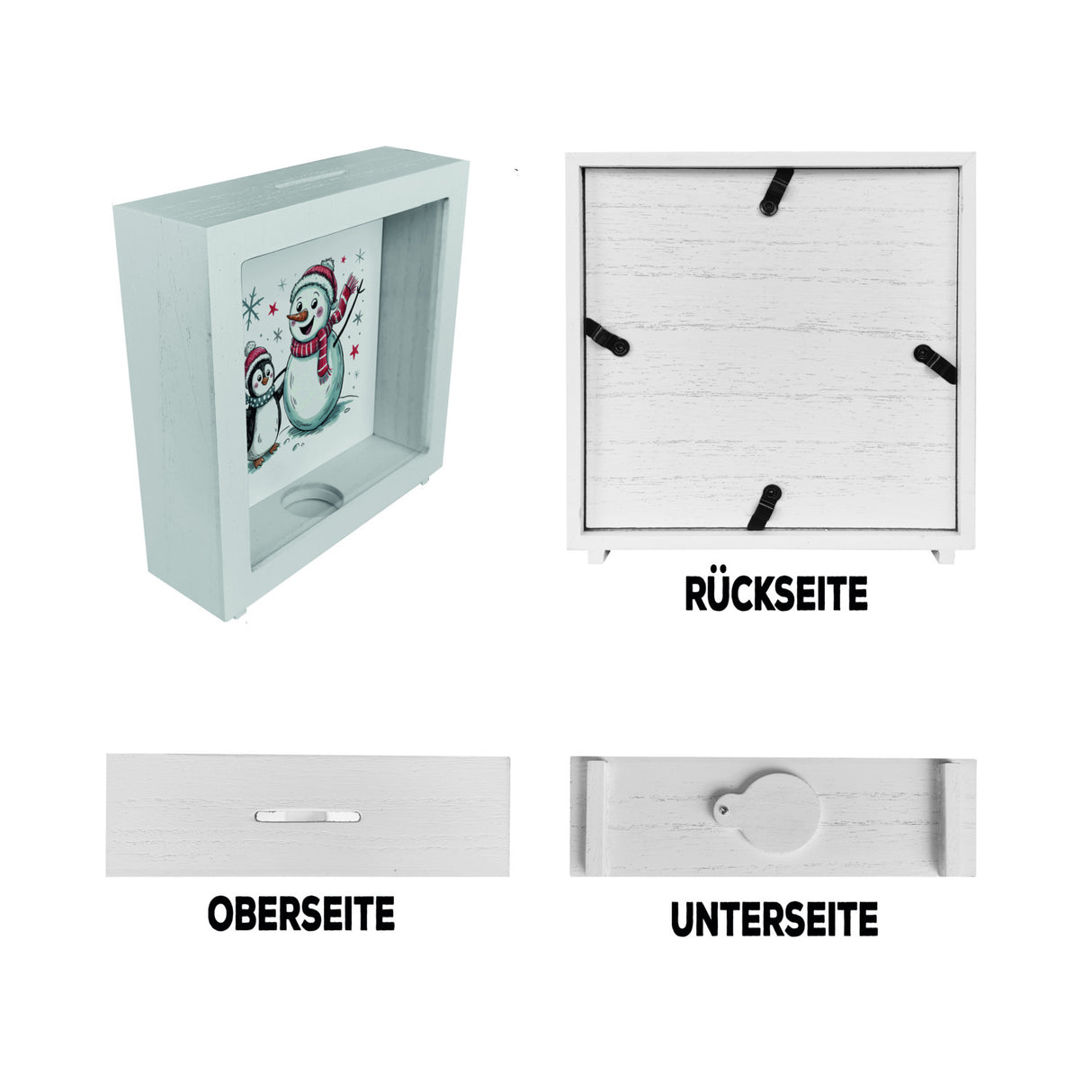 Schneemann und Pinguin mit Schneeflocken Spardose für Winterliebhaber